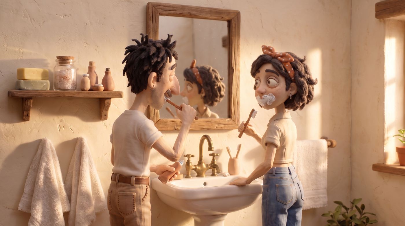 Roman y Lisa lavándose los dientes